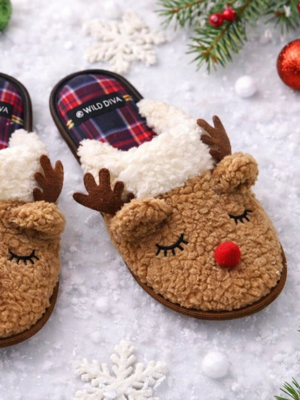 Rudolph Sherpa Slippers Cozy Reindeer Christmas House Shoes Women S–XL